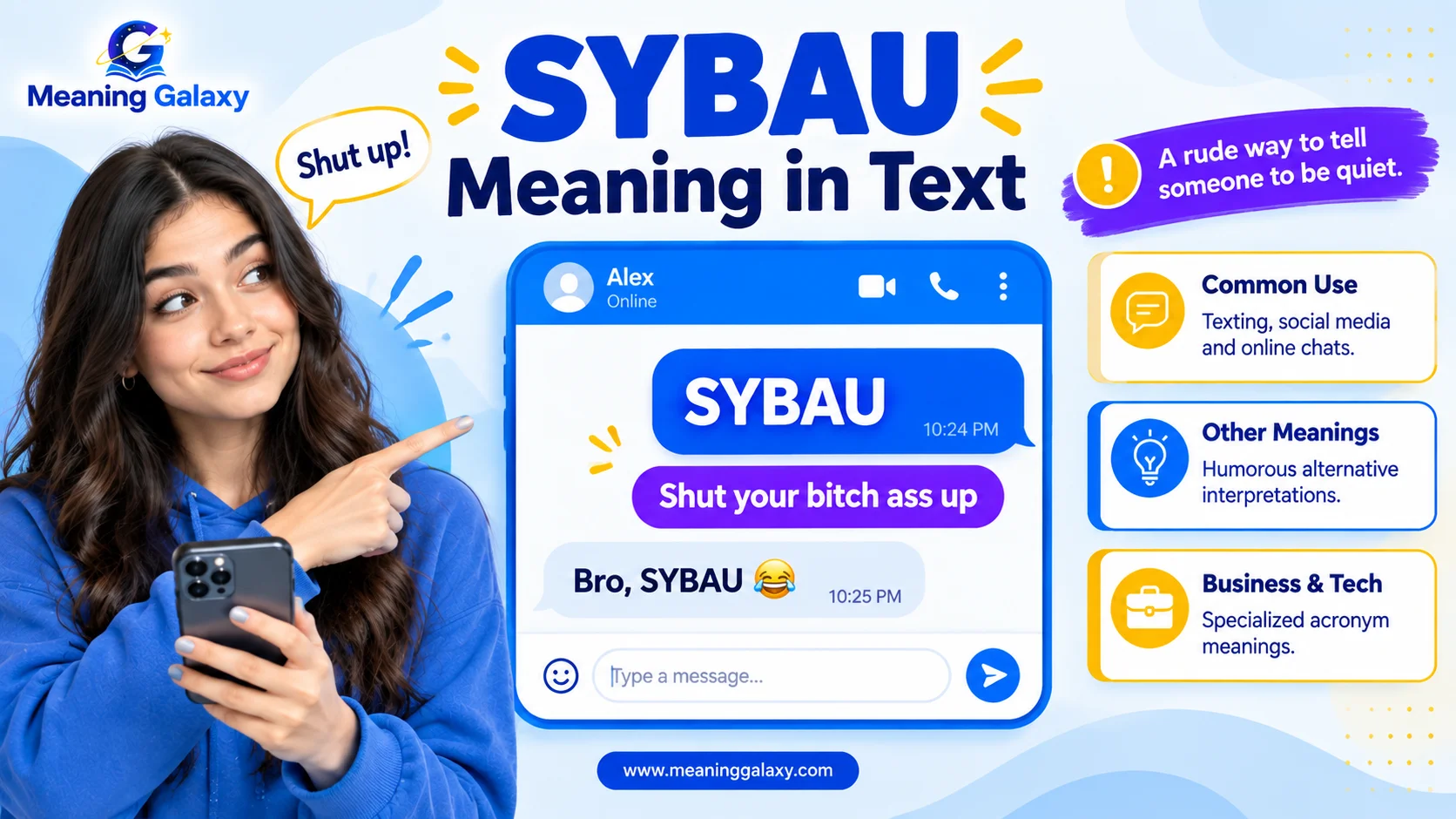 SYBAU meaning in text shown in a casual chat message